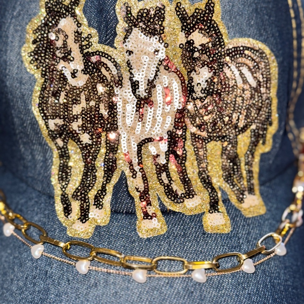 Chicest Denim Sequin Horse Trucker Hat with Double Hat Chain